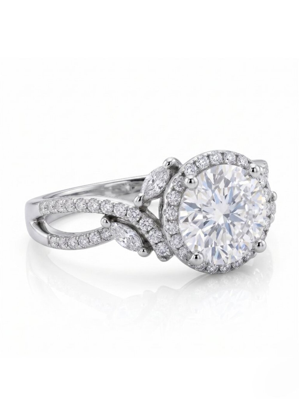 Classic Engagement Round Halo ring with twist leaf band, 925 Sterling Silver